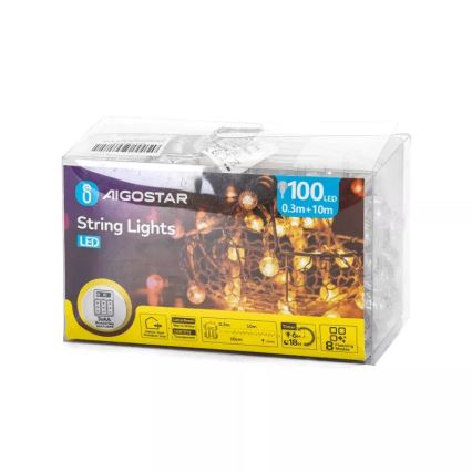 Aigostar - LED Outdoor String Lights 100 LEDs / 3×AA / 8 Modes 10.3 m IP44 Warm White