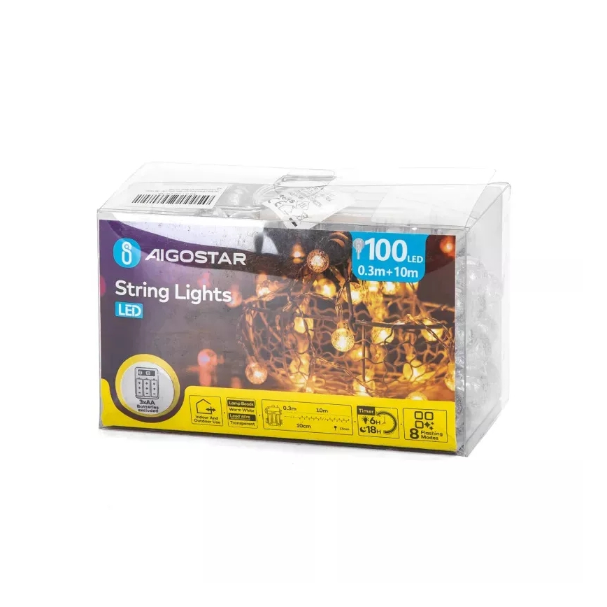 Aigostar - LED Outdoor String Lights 100 LEDs / 3×AA / 8 Modes 10.3 m IP44 Warm White