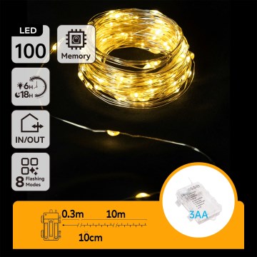 Aigostar - LED Outdoor String Lights 100 LEDs / 8 Functions 3xAA 10.3 m IP44 Warm White