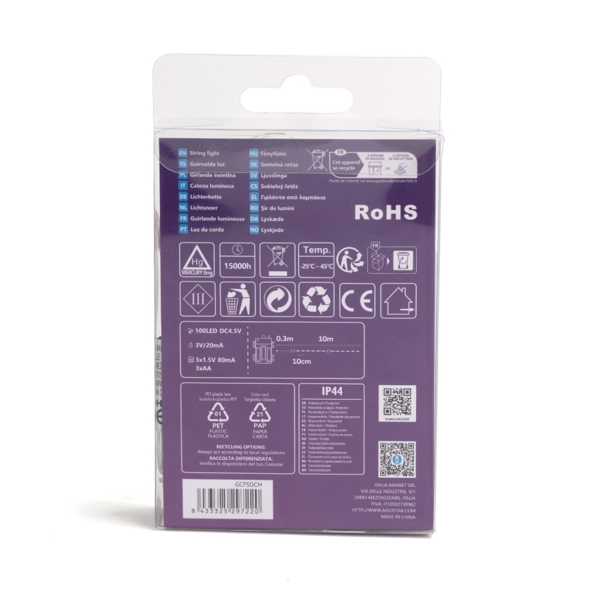 Aigostar - LED Outdoor String Lights 100 LEDs / 8 Functions 3xAA 10.3 m IP44 Warm White