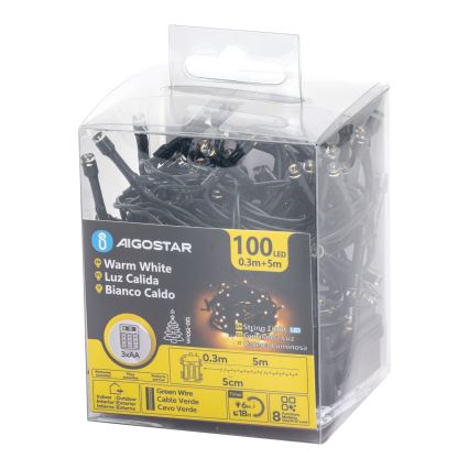 Aigostar - LED Outdoor String Lights 100 LEDs/8 Modes 3xAA 5.3 m IP44 Warm White