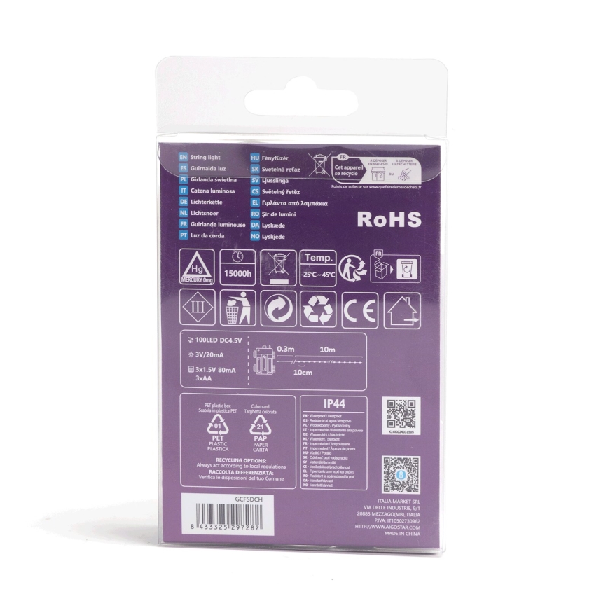 Aigostar - LED Outdoor String Lights 100 LEDs/8 Modes/3×AA/10.3 m/IP44/Multicolor