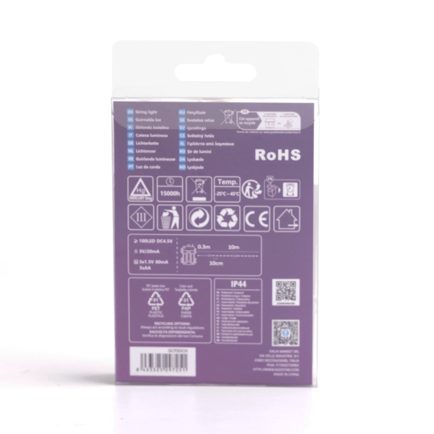 Aigostar - LED Outdoor String Lights 100 LEDs / 8 modes / 3xAA / 10.3 m / IP44 / Cool White