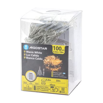 Aigostar - LED Outdoor String Lights 100 LEDs / 8 modes 3xAA 10.3 m IP44 Warm White