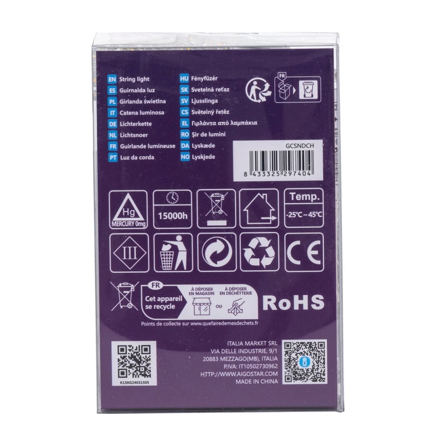 Aigostar - LED Outdoor String Lights 100 LEDs / 8 modes 3xAA 10.3 m IP44 Warm White