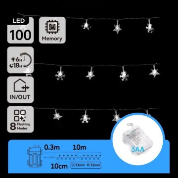 Aigostar - LED Outdoor String Lights 100 LEDs / 8 Modes, 3xAA, 10 m, IP44, Cool White
