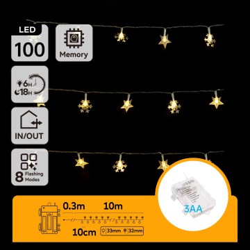 Aigostar - LED Outdoor String Lights, 100 LEDs, 8 Modes, 3xAA, 10m, IP44, Warm White, Star-Shaped