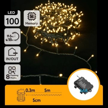 Aigostar - LED Outdoor String Lights 100 LEDs/8 Modes 3xAA 5.3 m IP44 Warm White