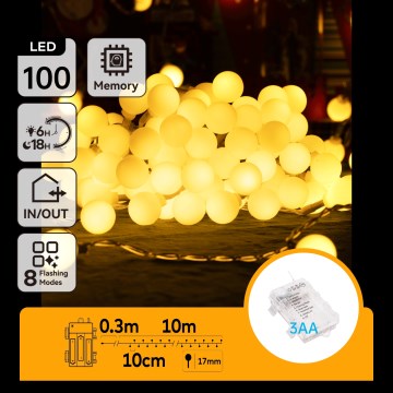 Aigostar - LED Outdoor String Lights, 100 LEDs, Battery-Powered (3×AA), 8 Modes, 10.3 m, IP44, Warm White