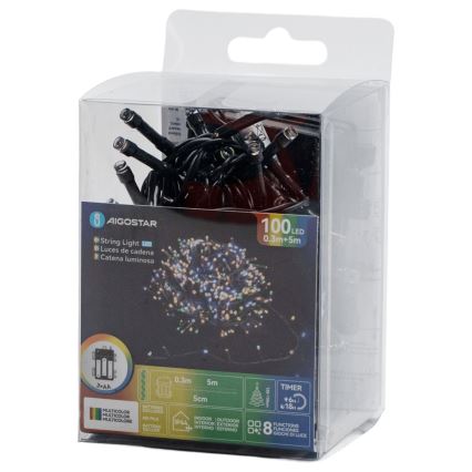 Aigostar - 100-LED Outdoor String Lights, 8 Modes, Battery-powered (3xAA), 5.3 m, IP44, Multicolor