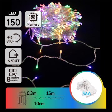 Aigostar - LED Outdoor String Lights 150 LEDs / 8 Functions 3xAA 15.3 m IP44 Multicolor