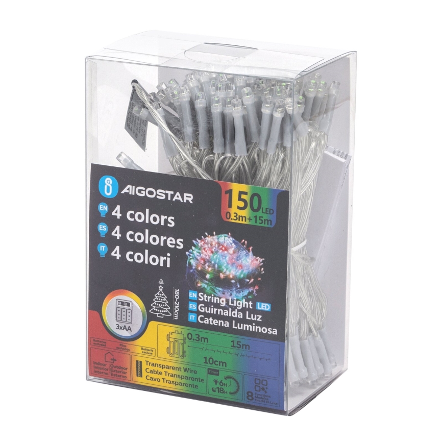 Aigostar - LED Outdoor String Lights 150 LEDs / 8 Functions 3xAA 15.3 m IP44 Multicolor