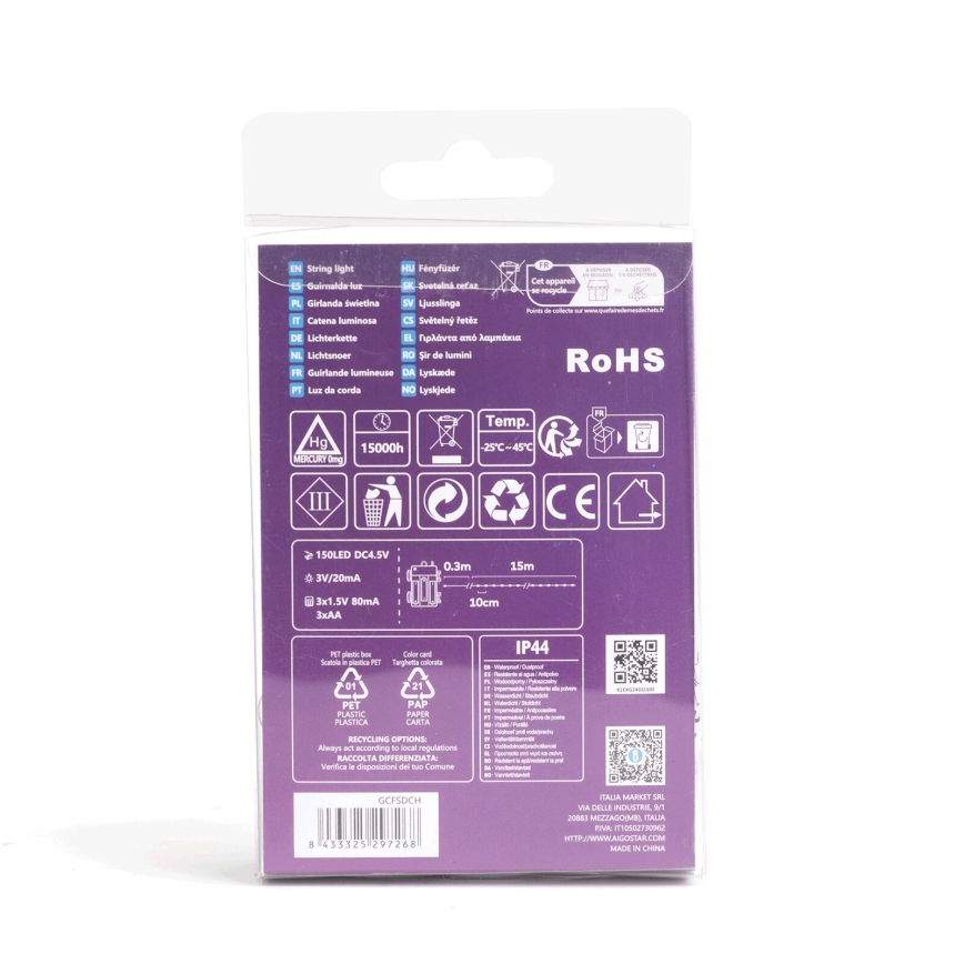 Aigostar - LED Outdoor String Lights, 150 LEDs / 8 Modes / Battery 3×AA, 15.3 m, IP44, Cool White