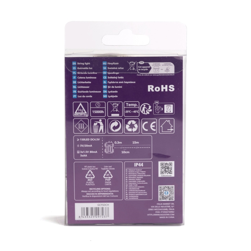 Aigostar - LED Outdoor String Lights 150 LEDs / 8 lighting modes 3xAA 15.3 m IP44 Warm White