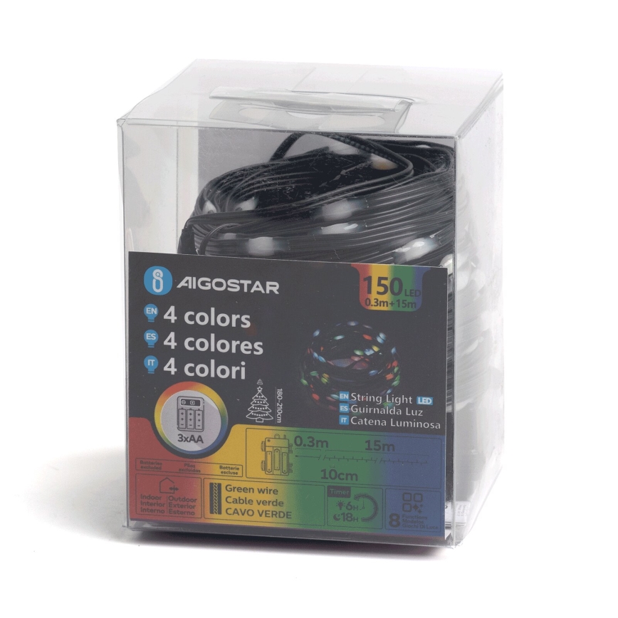 Aigostar - LED Outdoor String Lights 150 LEDs/8 Modes 3xAA 15,3m IP44 Multicolor