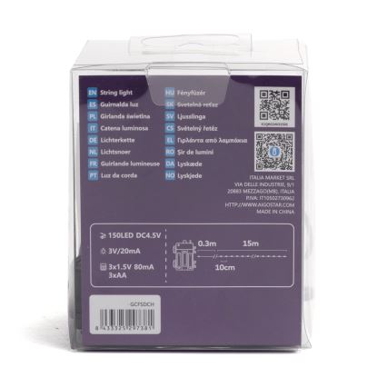 Aigostar - LED Outdoor String Lights 150 LEDs/8 Modes 3xAA 15,3m IP44 Multicolor
