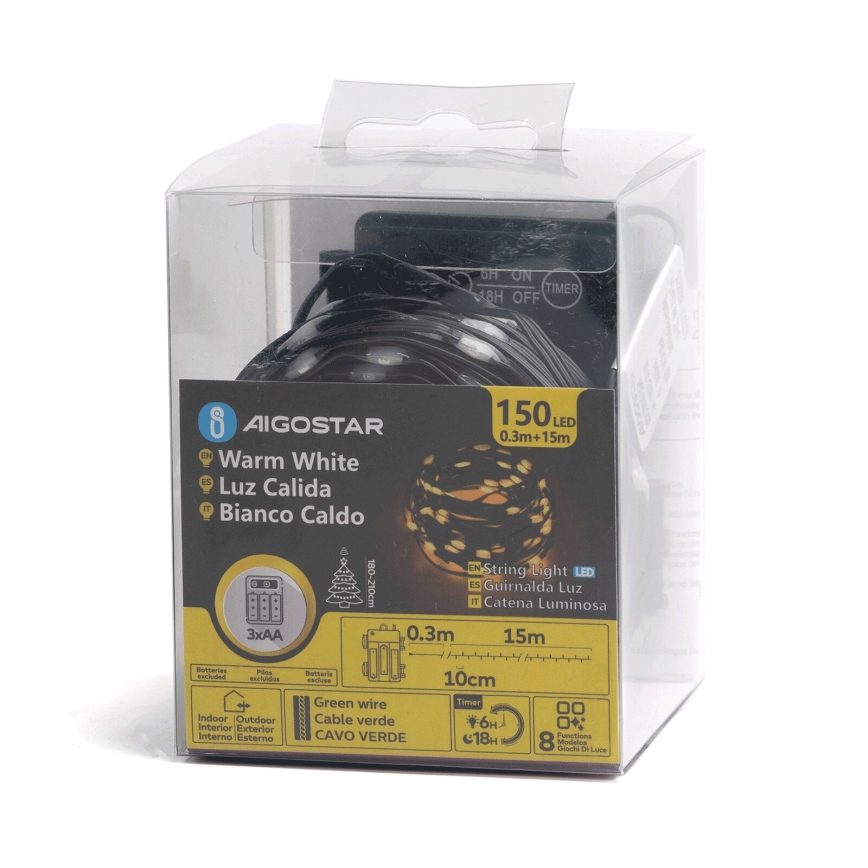 Aigostar - LED Outdoor String Lights 150 LEDs / 8 Modes 3xAA 15,3m IP44 Warm White