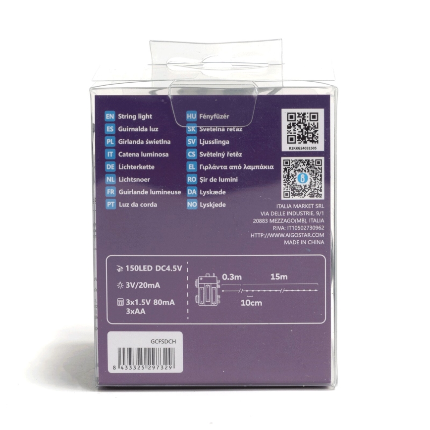 Aigostar - LED Outdoor String Lights 150 LEDs / 8 Modes 3xAA 15,3m IP44 Warm White
