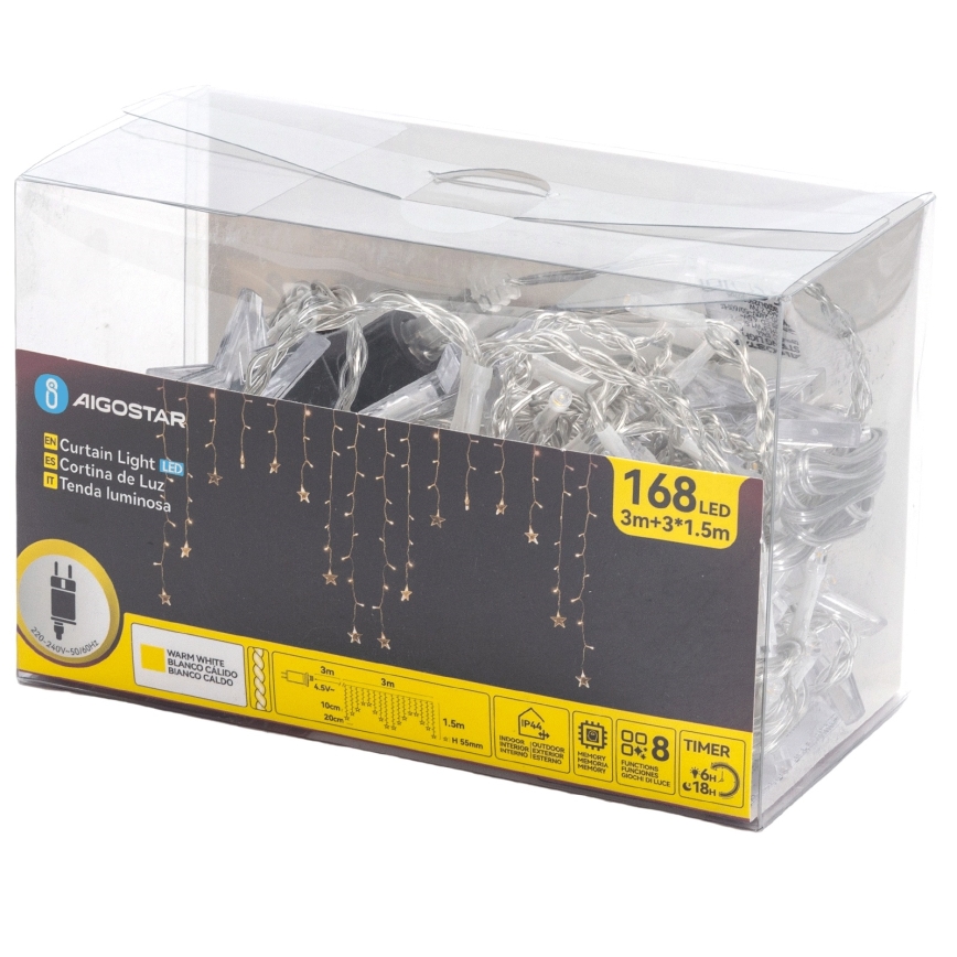 Aigostar - LED Outdoor String Lights, 168 LEDs / 8 Functions, 3 x 1.5 m, IP44, Warm White, Star-shaped