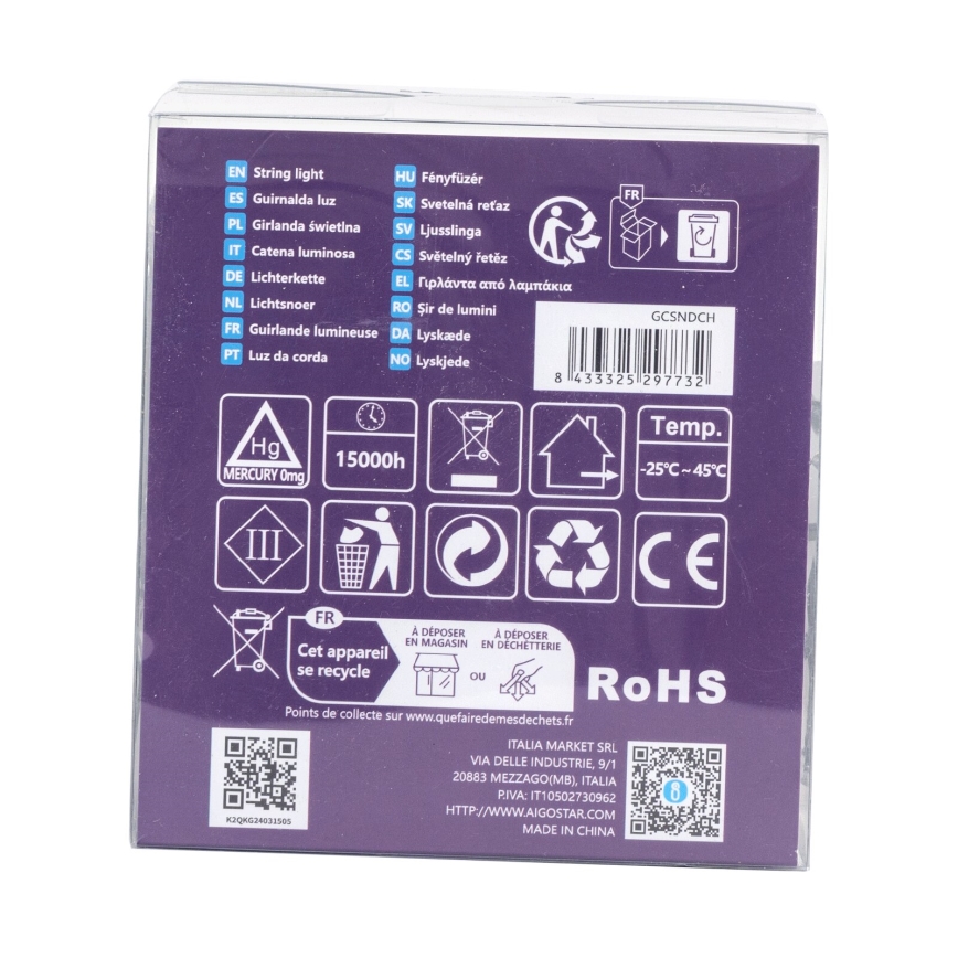 Aigostar - LED Outdoor String Lights, 200 LEDs / 8 Functions, 3xAA, 10.3 m, IP44, Multicolor