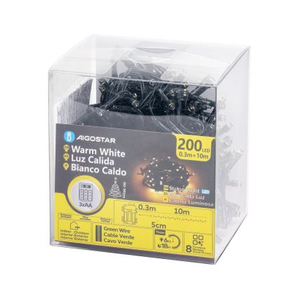 Aigostar - LED Outdoor String Lights 200 LEDs / 8 Modes 3xAA 10.3 m IP44 Warm White