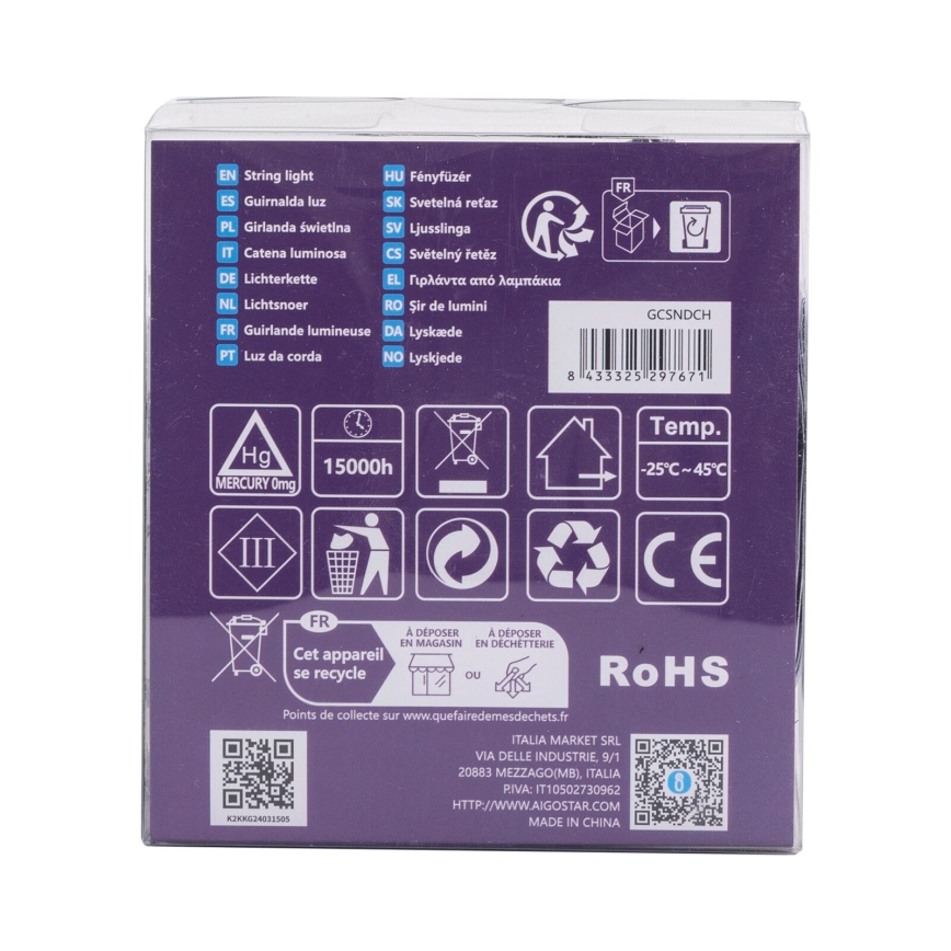 Aigostar - LED Outdoor String Lights 200 LEDs / 8 Modes 3xAA 10.3 m IP44 Warm White