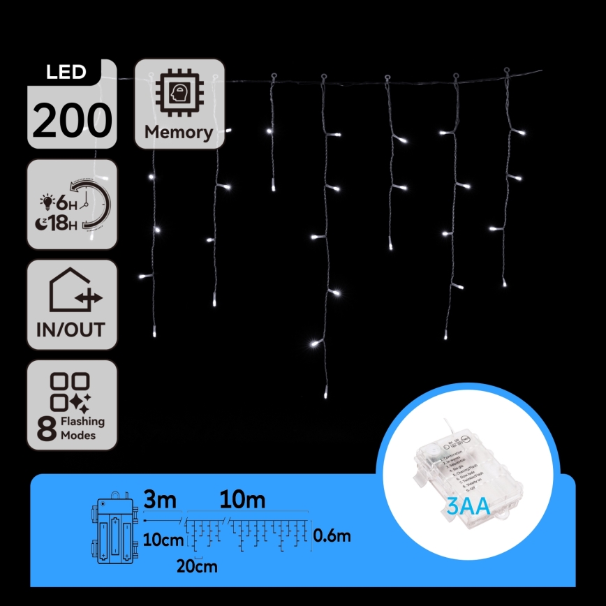 Aigostar - LED Outdoor String Lights 200 LEDs / 8 Modes 3xAA 13x0.6m IP44 Cool White