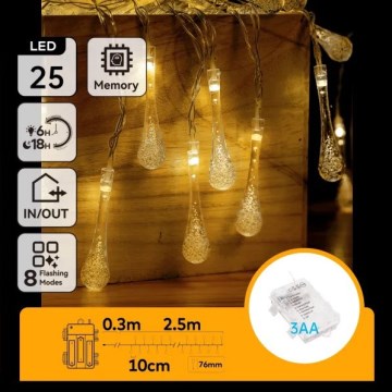 Aigostar - LED Outdoor String Lights 25 LEDs / 8 lighting modes 3xAA 2.5 m IP44 warm white drop-shaped