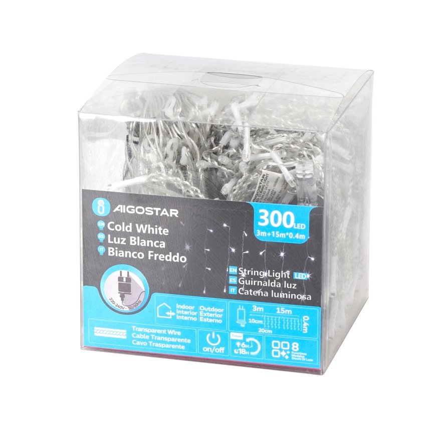 Aigostar - LED Outdoor String Lights, 300 LEDs / 8 Modes, 15 x 0.4 m, IP44, Cool White