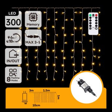 Aigostar - LED Outdoor String Lights 300 LEDs / 8 Modes 3×1 m IP44 Warm White + Remote Control