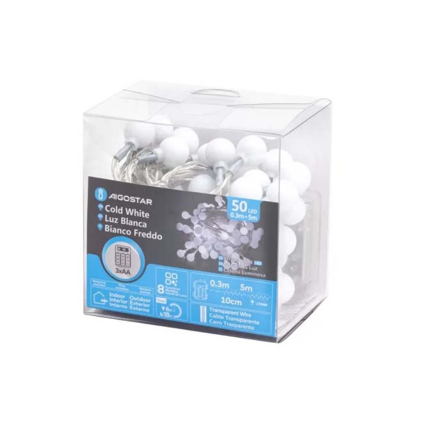 Aigostar - LED Outdoor String Lights, 50 LEDs, 3xAA, 8 Modes, 5.3 m, IP44, Cool White