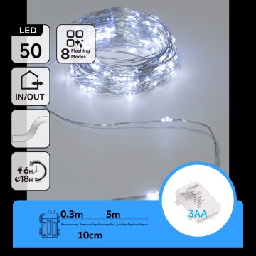 Aigostar - LED Outdoor String Lights 50 LEDs / 3×AA, 5.3 m, Cool White