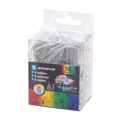 Aigostar - LED Outdoor String Lights 50 LEDs/8 functions 3xAA 5.3m IP44 multicolor