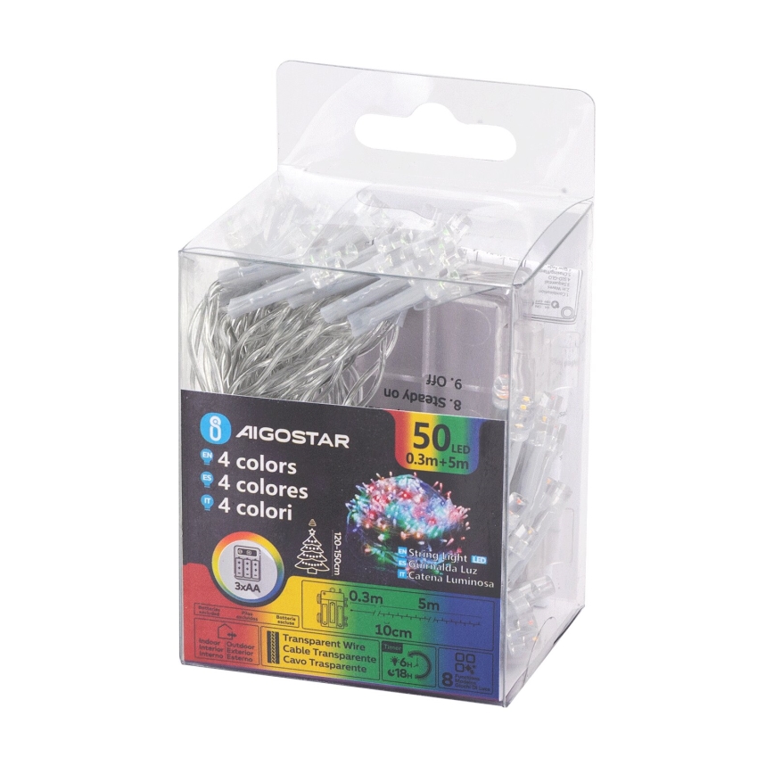 Aigostar - LED Outdoor String Lights 50 LEDs/8 functions 3xAA 5.3m IP44 multicolor
