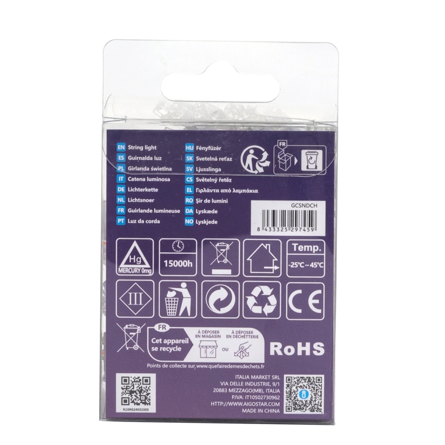 Aigostar - LED Outdoor String Lights 50 LEDs/8 functions 3xAA 5.3m IP44 multicolor
