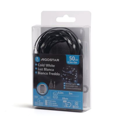 Aigostar - LED Outdoor String Lights, 50 LEDs / 8 Functions, 3×AA, 5.3 m, IP44, Cool White