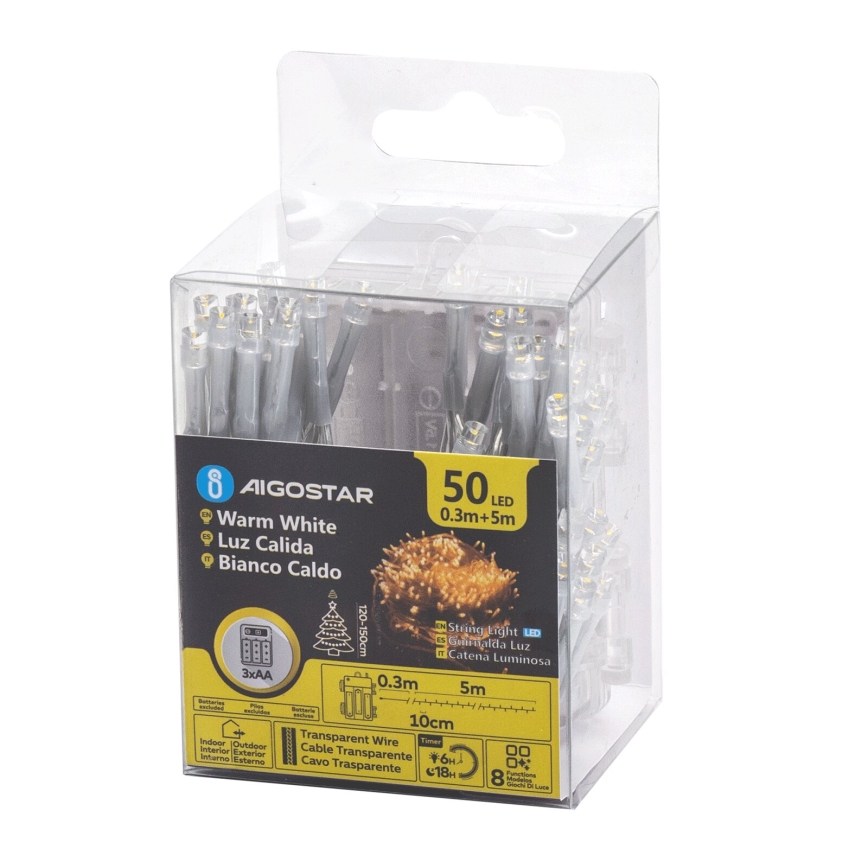 Aigostar - LED Outdoor String Lights, 50 LEDs / 8 Modes, 3xAA, 5.3 m, IP44, Warm White