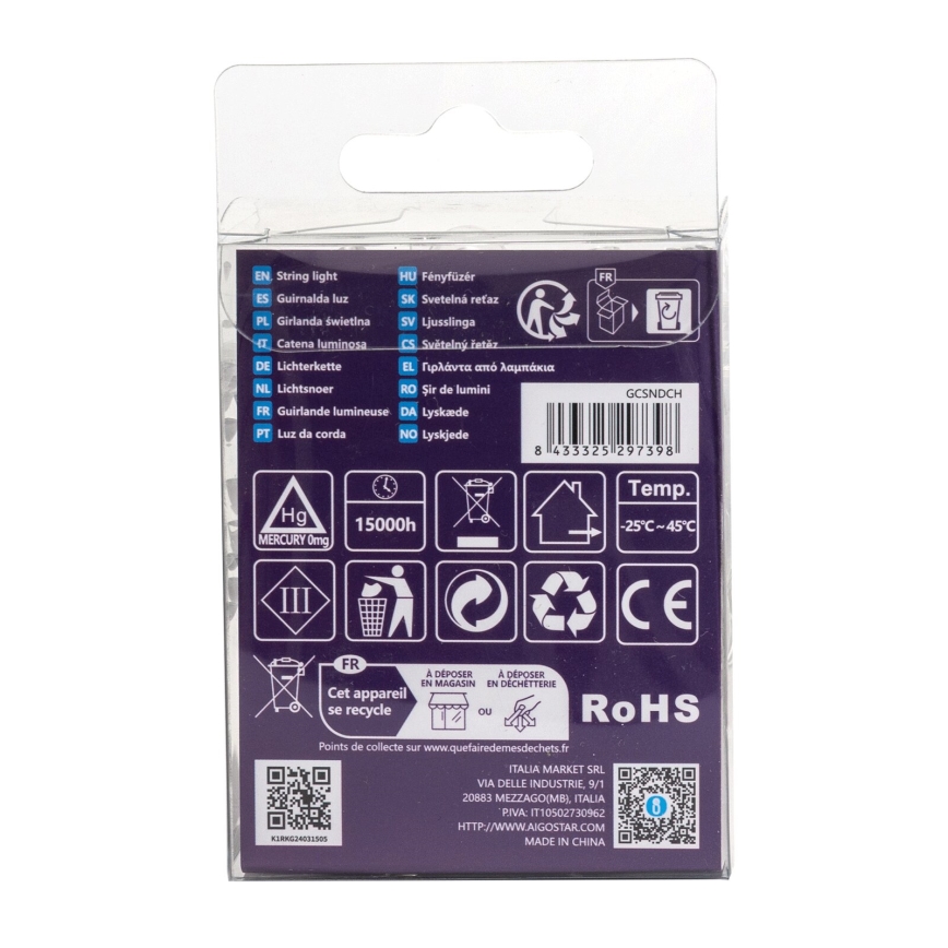Aigostar - LED Outdoor String Lights, 50 LEDs / 8 Modes, 3xAA, 5.3 m, IP44, Warm White