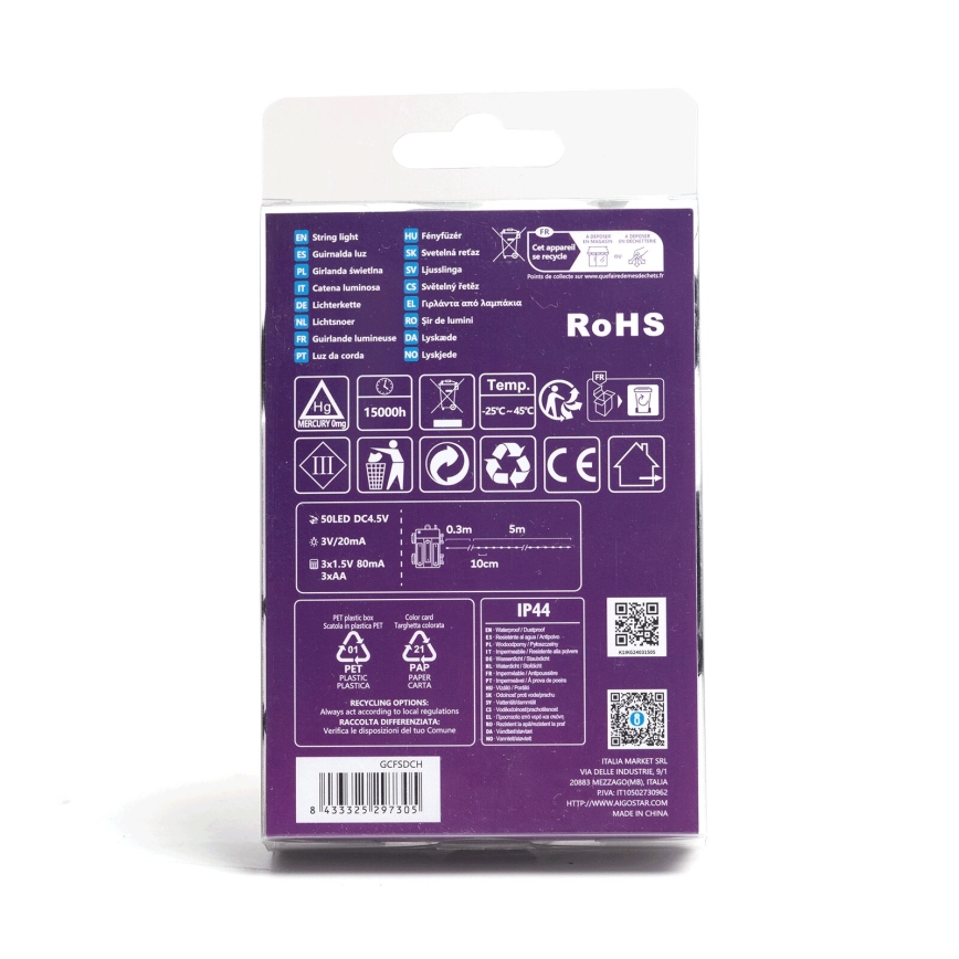 Aigostar - LED Outdoor String Lights 50 LEDs / 8 Modes, 3xAA, 5.3 m, IP44, Warm White