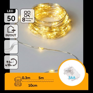 Aigostar - LED Outdoor String Lights 50 LEDs / 8 Modes 3xAA 5.3 m Warm White