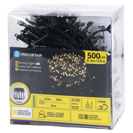 Aigostar LED Outdoor String Lights – 500 LEDs, 8 Modes, Battery-Powered (4×AA), 25.3 m, IP44, Warm White