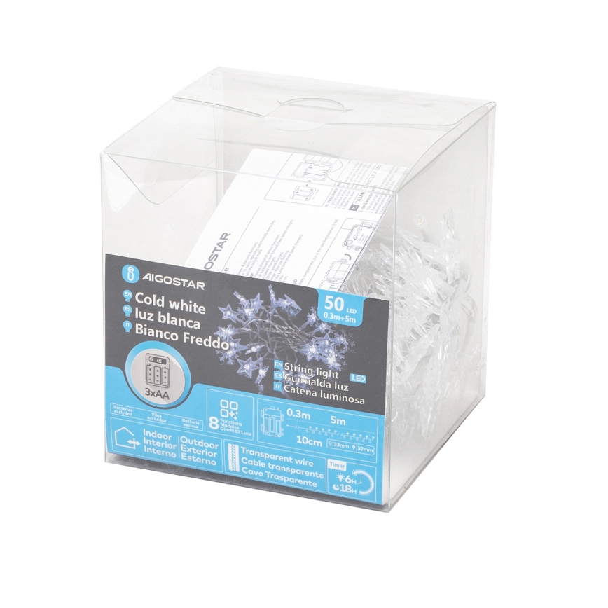 Aigostar - LED Outdoor  string lights 50xLED/8 functions 3xAA 5 m IP44 cool white