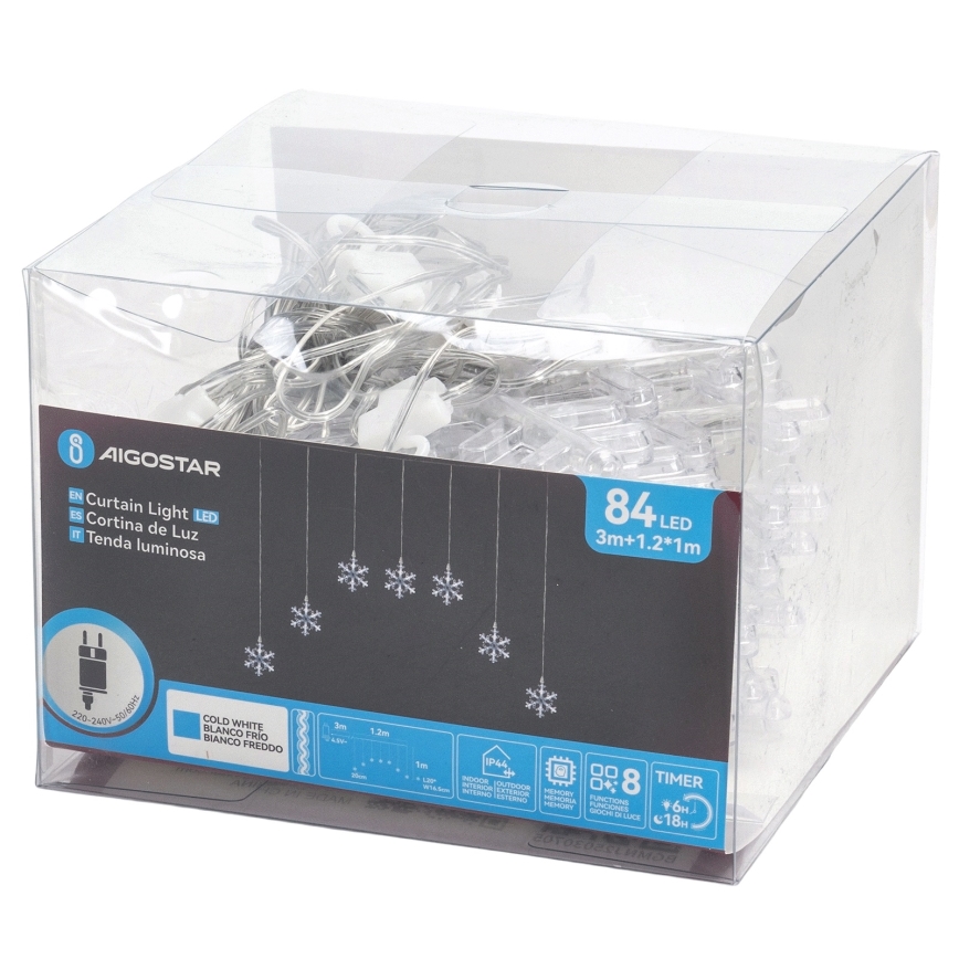 Aigostar - LED Outdoor String Lights 84xLED/8 Functions 1,2x1m IP44 Cool White Snowflakes