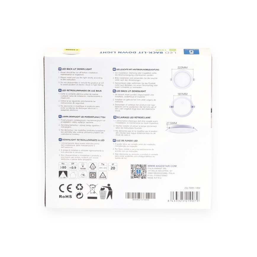 Aigostar - LED Recessed light LED/18W/230V 3000K d. 27,5 cm white