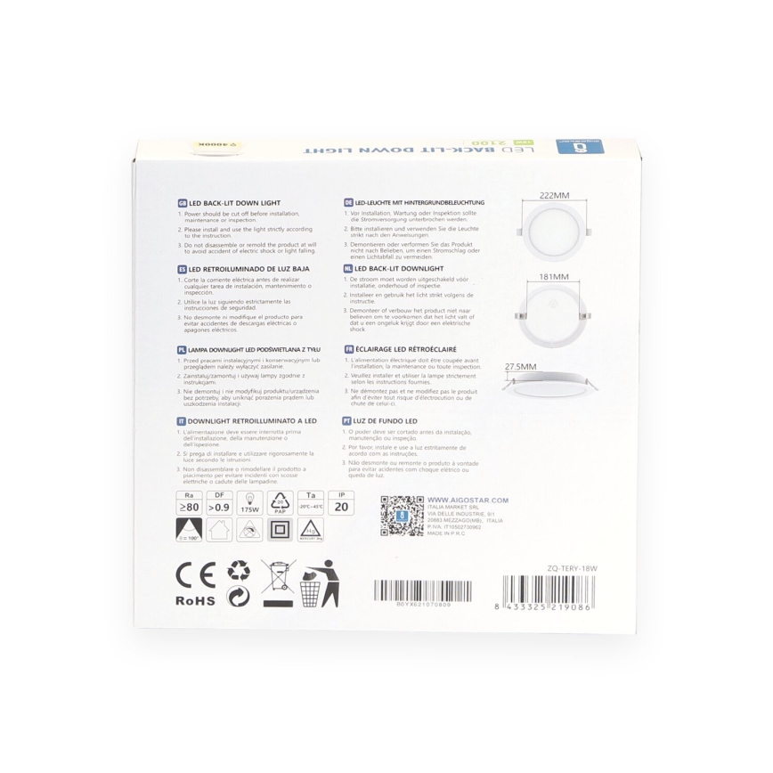 Aigostar - LED Recessed light LED/18W/230V 4000K d. 22 cm white