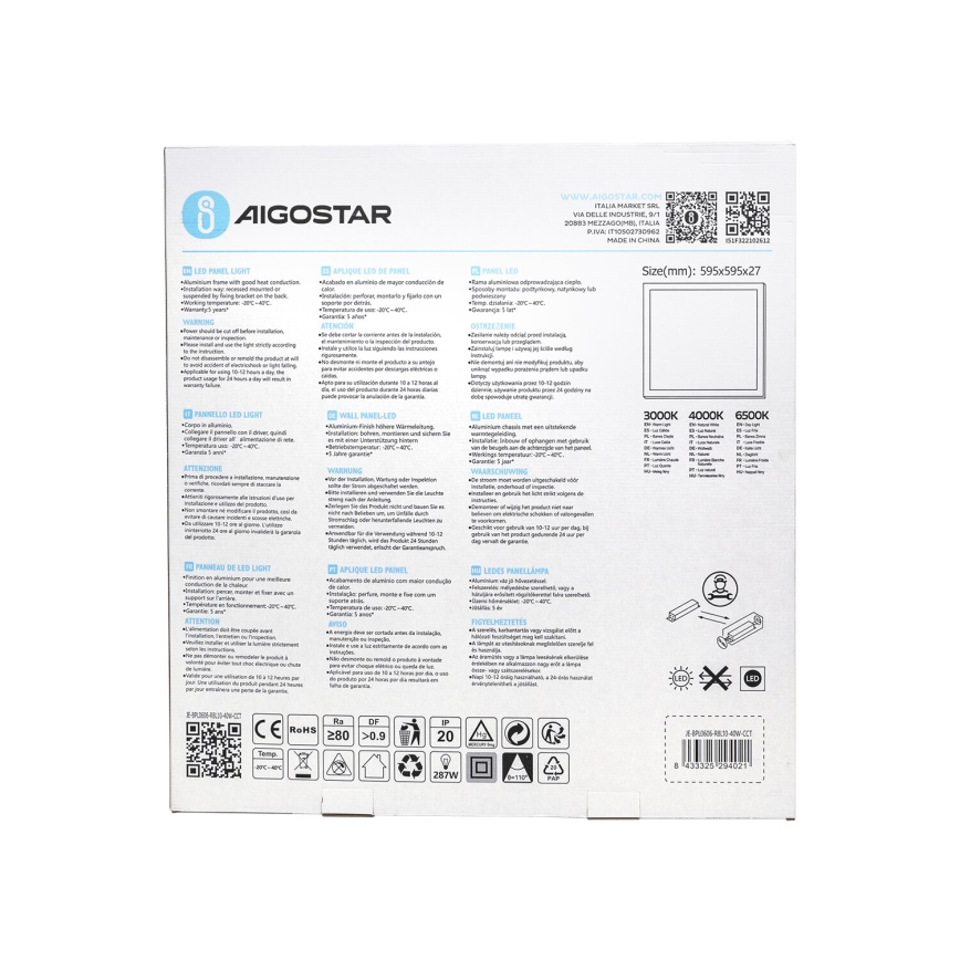 Aigostar - LED Recessed panel LED/40W/230V 3000K/4000K/6500K 60x60cm white