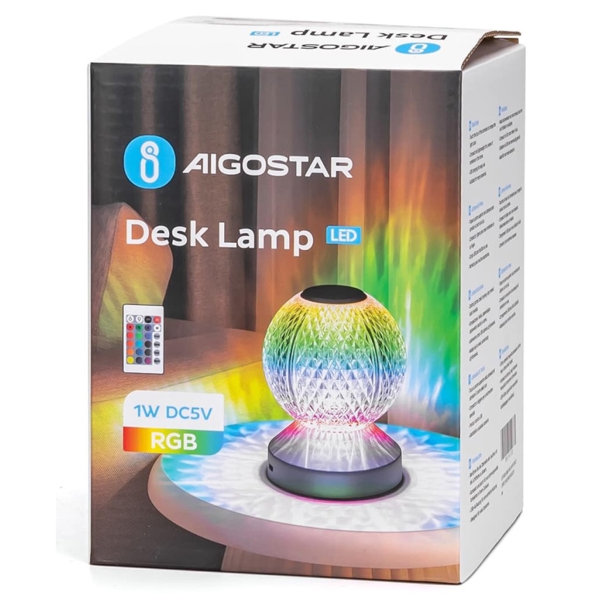Aigostar - LED RGB Dimmable rechargeable table lamp LED/1W/5V 1800mAh 13,5 cm + remote control