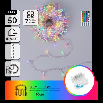 Aigostar - LED RGB Outdoor Christmas String Lights 50xLED/7 modes 4xAA 5.3m IP44 multicolor + remote control