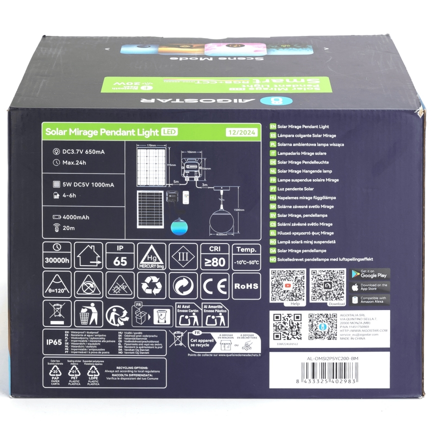 Aigostar - LED RGB Dimmable solar chandelier MESH LED/20W/3,7V 4000 mAh 2700K-6500K IP65 d. 20 cm