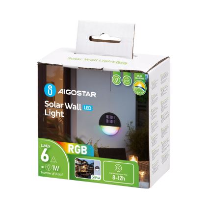 Aigostar - LED RGB Solar wall light LED/1W/1,2V black IP44